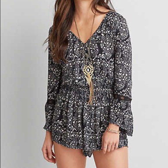 American Eagle Outfitters Pants - American Eagle Bell Sleeve Romper Crochet